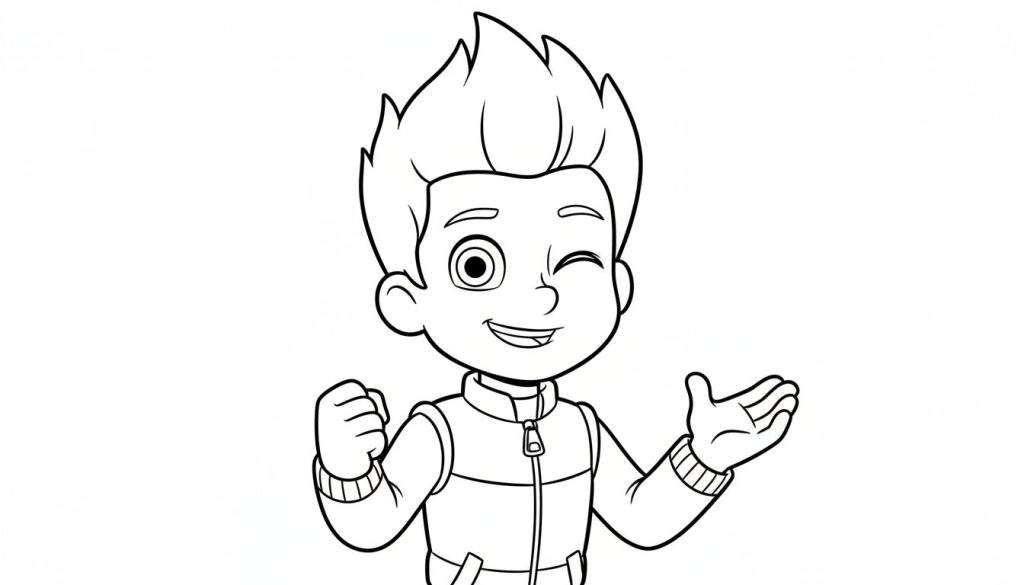 Kleurplaat van Ryder van Paw Patrol, glimlachend met stekelig haar, knipoogt met zijn rechteroog en draagt een jasje.