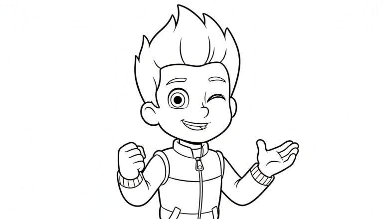 Kleurplaat van Ryder van Paw Patrol, glimlachend met stekelig haar, knipoogt met zijn rechteroog en draagt een jasje.