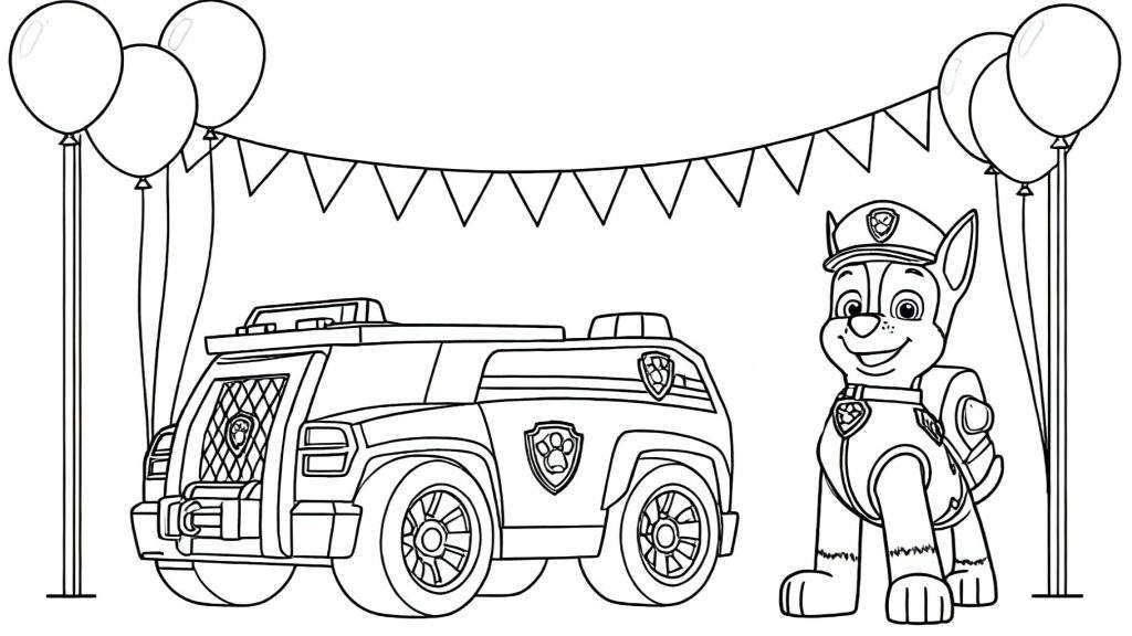 Zwart-wit lijntekening van Chase van Paw Patrol in politie-uniform naast zijn SUV, met lier, Paw Patrol logo, vlaggenlijn en zes ballonnen. Vrolijke, feestelijke kleurplaat.
