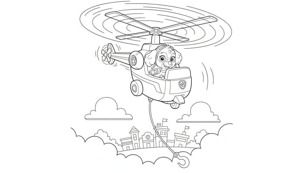 Zwart-wit kleurplaat van Paw Patrol's Skye in haar helikopter met draaiende rotoren en een haak, vliegend boven wolken en een stadje.