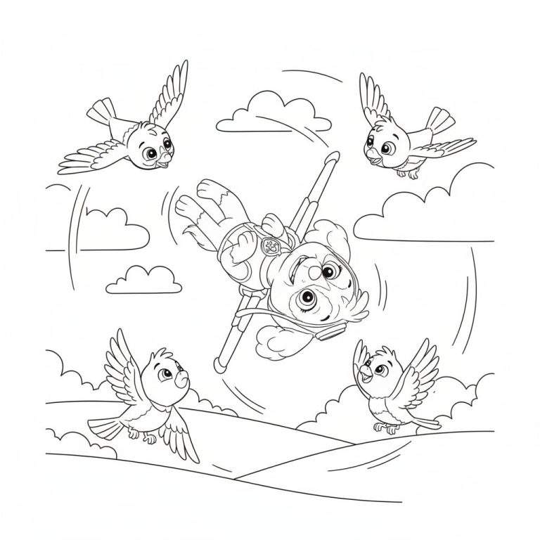 Kleurplaat van Paw Patrol's Skye die ondersteboven in de lucht zweeft met vlieguitrusting, omringd door vier blije vogels, boven een golvend landschap met wolken.