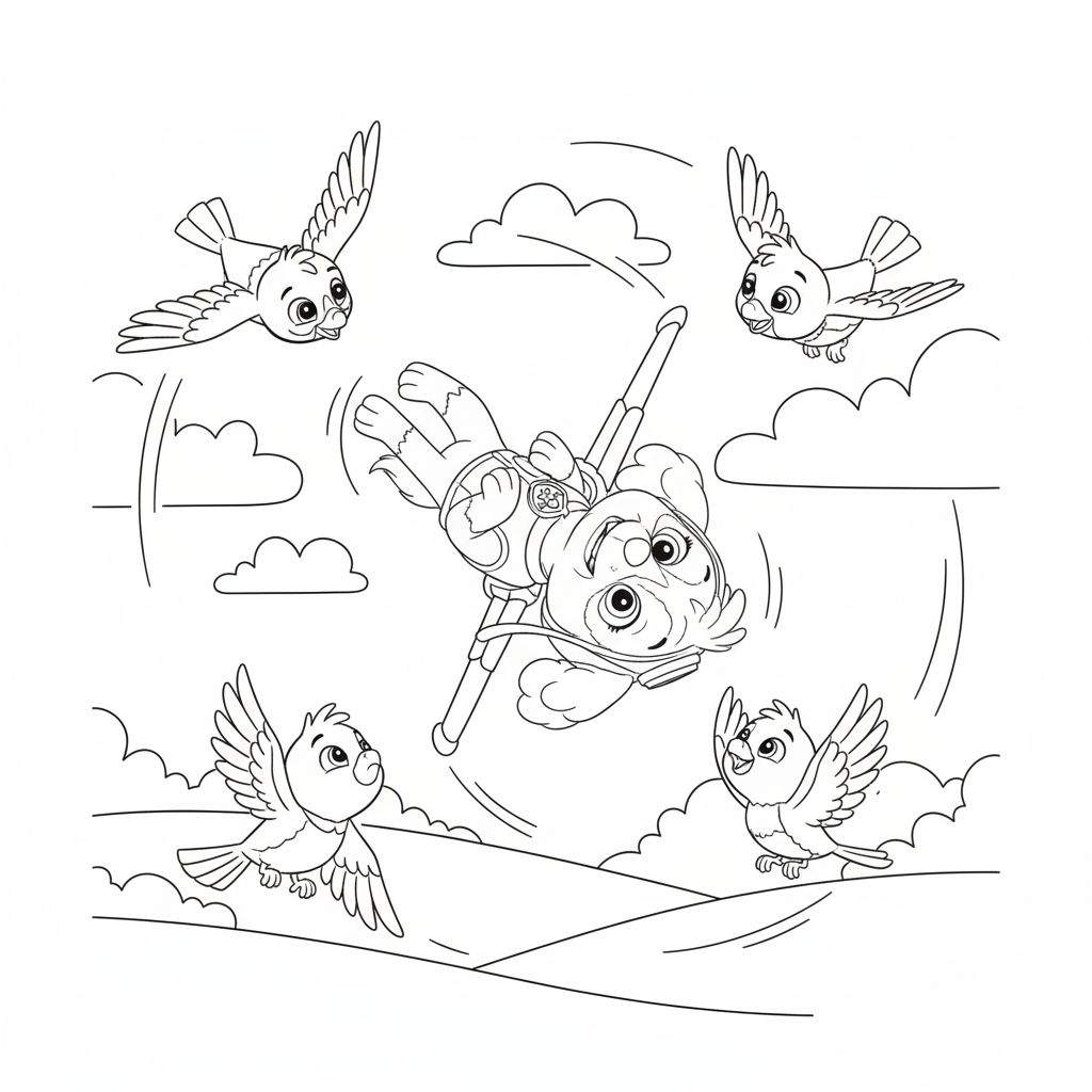 Kleurplaat van Paw Patrol's Skye die ondersteboven in de lucht zweeft met vlieguitrusting, omringd door vier blije vogels, boven een golvend landschap met wolken.