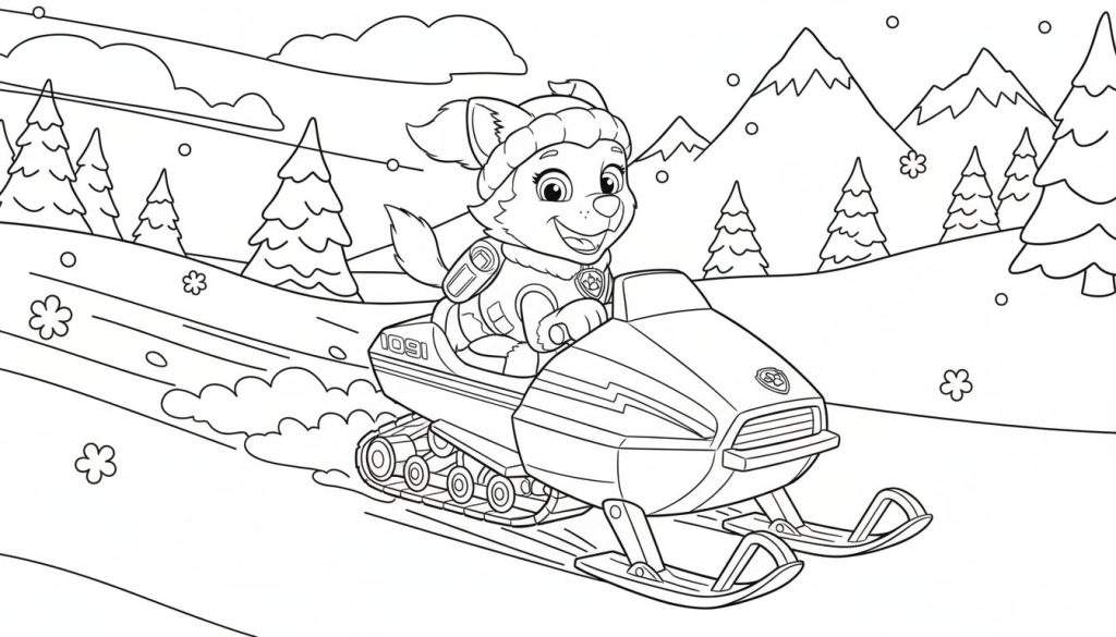 Zwart-wit kleurplaat van Everest van Paw Patrol op een sneeuwscooter in een besneeuwd berglandschap, met sneeuwvlokken en dennenbomen.