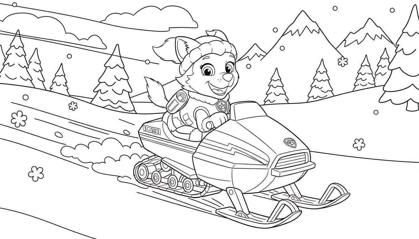 Zwart-wit kleurplaat van Everest van Paw Patrol op een sneeuwscooter in een besneeuwd berglandschap, met sneeuwvlokken en dennenbomen.