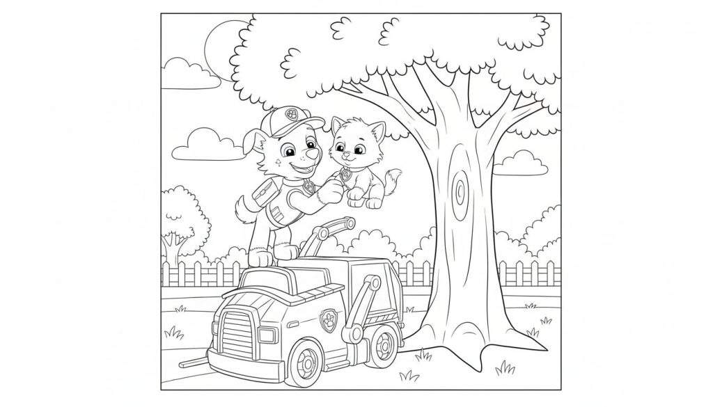 Zwart-wit kleurplaat van Rocky van Paw Patrol op zijn recyclingwagen, die met een glimlach een poesje begroet in een buitenomgeving met boom, wolken, hek en gras.