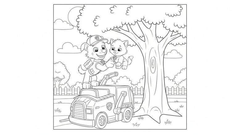 Zwart-wit kleurplaat van Rocky van Paw Patrol op zijn recyclingwagen, die met een glimlach een poesje begroet in een buitenomgeving met boom, wolken, hek en gras.