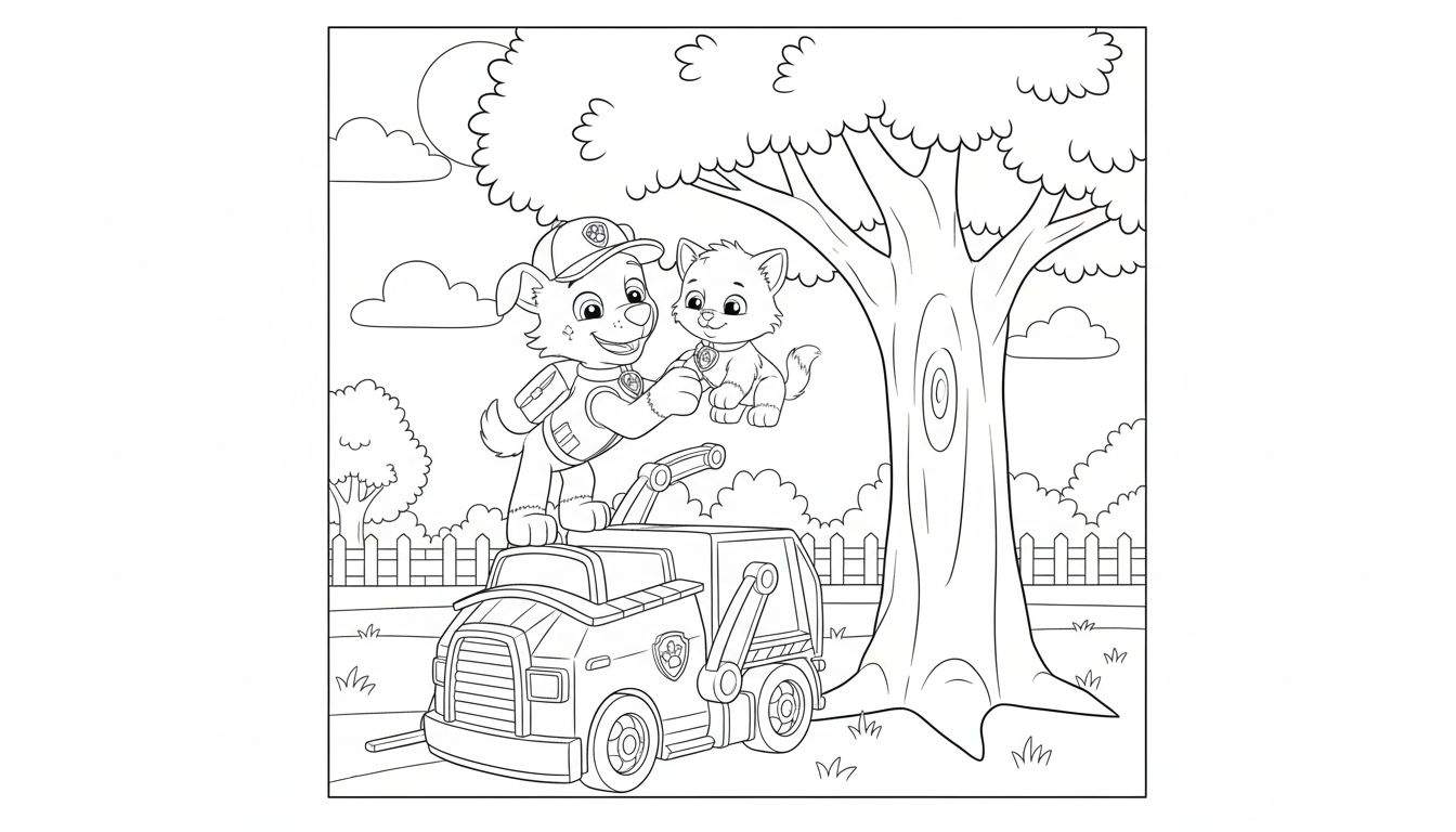 Zwart-wit kleurplaat van Rocky van Paw Patrol op zijn recyclingwagen, die met een glimlach een poesje begroet in een buitenomgeving met boom, wolken, hek en gras.