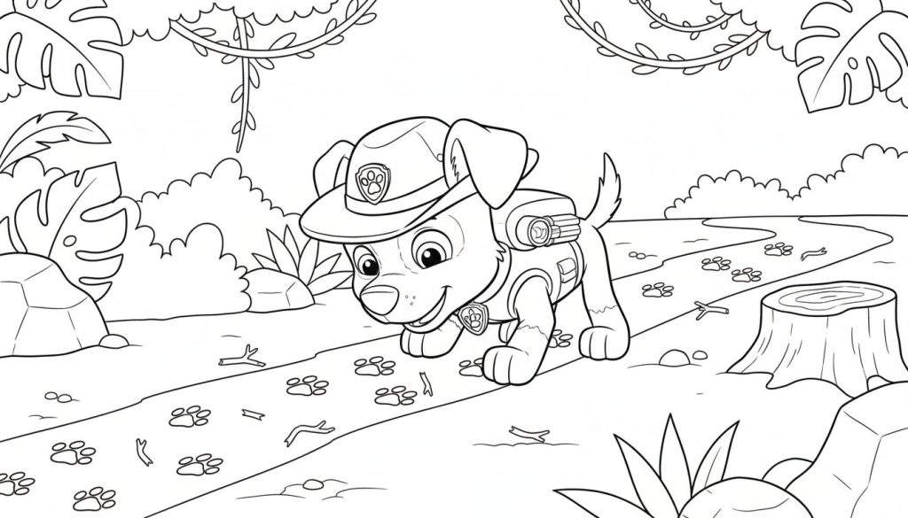 Kleurplaat van Tracker de hond (Paw Patrol) met safarihoed en rugzak, lachend en speurend op een pad vol pootafdrukken in een gedetailleerde jungleomgeving met tropische planten, rotsen en lianen.