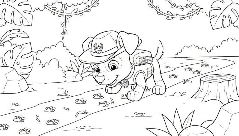 Kleurplaat van Tracker de hond (Paw Patrol) met safarihoed en rugzak, lachend en speurend op een pad vol pootafdrukken in een gedetailleerde jungleomgeving met tropische planten, rotsen en lianen.
