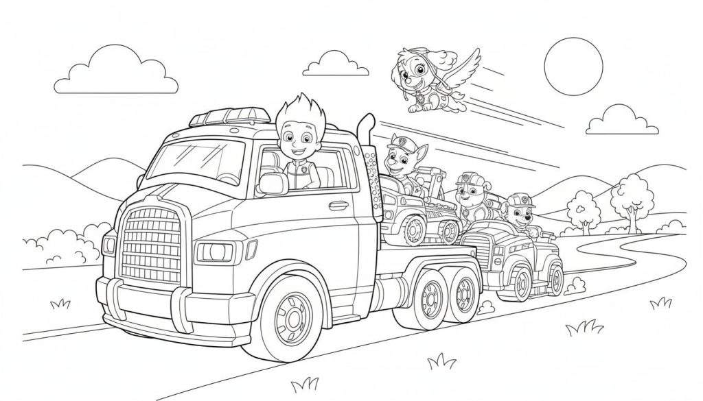 Paw Patrol kleurplaat met Ryder in een vrachtwagen, Chase en Rubble in hun voertuigen op de laadbak, en Skye vliegend boven een landschap met heuvels en bomen.