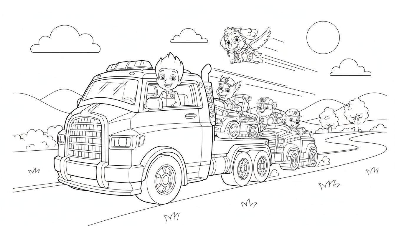 Paw Patrol kleurplaat met Ryder in een vrachtwagen, Chase en Rubble in hun voertuigen op de laadbak, en Skye vliegend boven een landschap met heuvels en bomen.