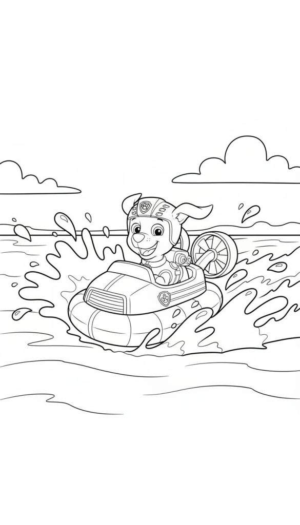 Kleurplaat van Zuma (Paw Patrol) in een lachende houding met helm, in een hovercraft op spetterend water met wolken.