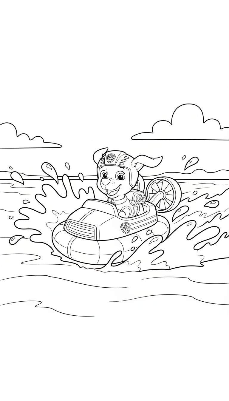 Kleurplaat van Zuma (Paw Patrol) in een lachende houding met helm, in een hovercraft op spetterend water met wolken.