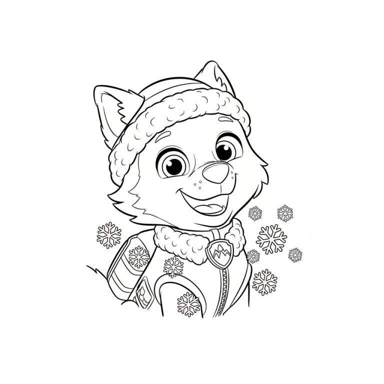 Kleurplaat van Everest, de vrolijke husky uit Paw Patrol, in wintermuts en jas met sneeuwvlokken.
