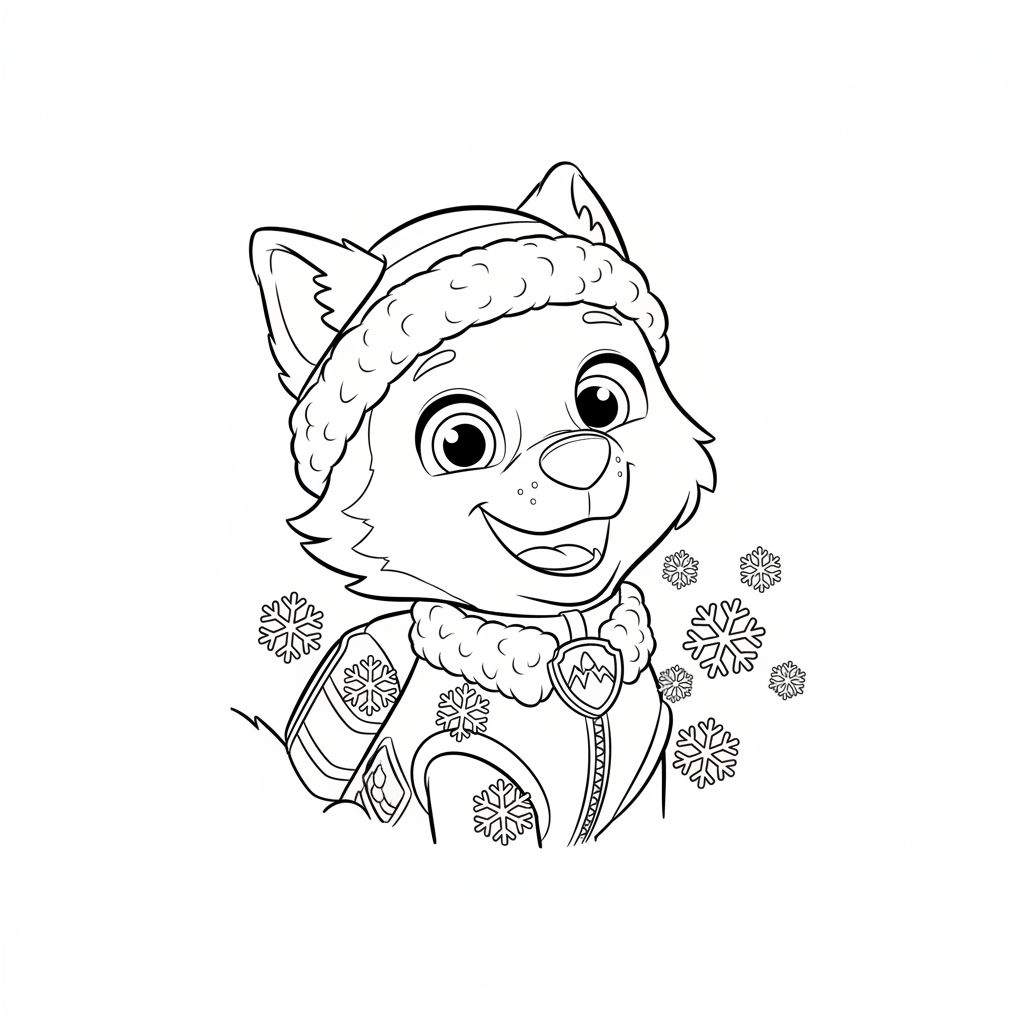 Kleurplaat van Everest, de vrolijke husky uit Paw Patrol, in wintermuts en jas met sneeuwvlokken.