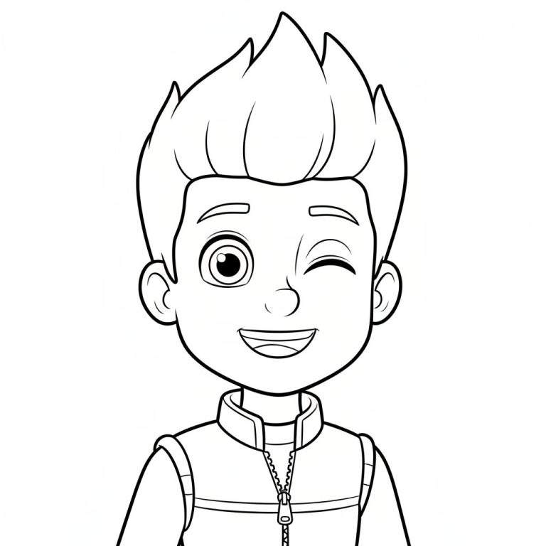 Zwart-wit lijntekening van Ryder, een vrolijke jonge jongen met stekelig haar, breed glimlachend en knipogend met zijn rechteroog, gekleed in een jasje met opstaande kraag en rits. Deze heldere tekening is bedoeld als kleurplaat.