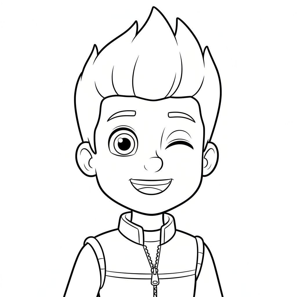 Zwart-wit lijntekening van Ryder, een vrolijke jonge jongen met stekelig haar, breed glimlachend en knipogend met zijn rechteroog, gekleed in een jasje met opstaande kraag en rits. Deze heldere tekening is bedoeld als kleurplaat.