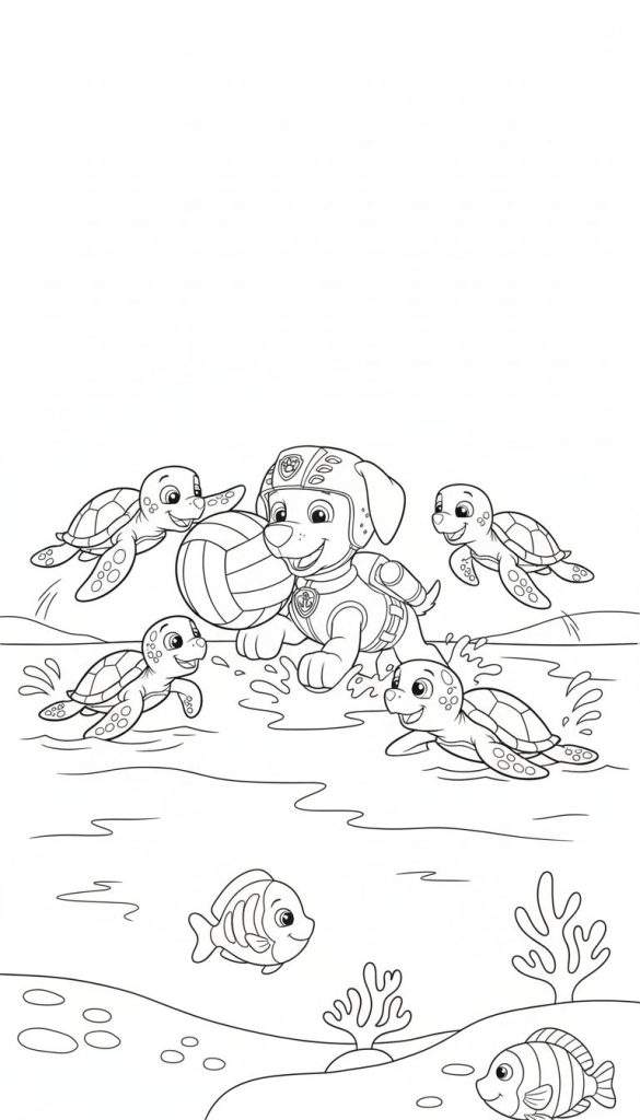 Zwart-wit kleurplaat van lachende hond Zuma in duikpak met volleybal, omringd door vijf blije zeeschildpadjes en vissen in een vrolijke onderwaterscène.