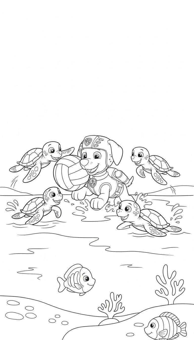 Zwart-wit kleurplaat van lachende hond Zuma in duikpak met volleybal, omringd door vijf blije zeeschildpadjes en vissen in een vrolijke onderwaterscène.