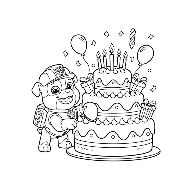 Kleurplaat van Rubble van Paw Patrol met een drielaagse verjaardagstaart met vijf kaarsjes, cadeaus en ballonnen.