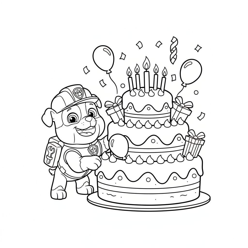 Kleurplaat van Rubble van Paw Patrol met een drielaagse verjaardagstaart met vijf kaarsjes, cadeaus en ballonnen.