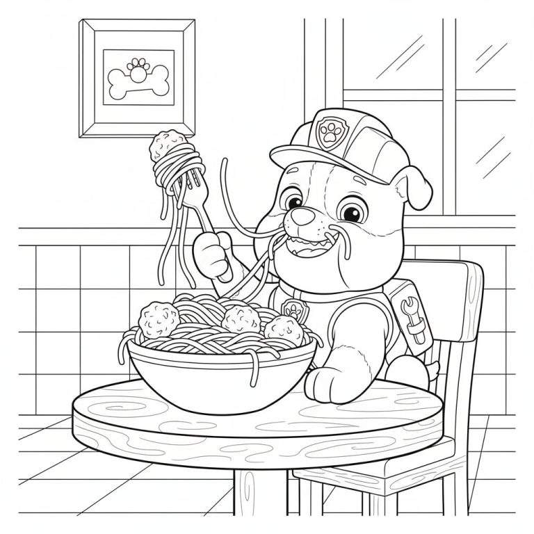 Zwart-wit kleurplaat van Rubble van Paw Patrol in brandweeruniform en helm, zittend aan tafel en enthousiast spaghetti en gehaktballen etend met een vork. Er hangt spaghetti uit zijn mond.
