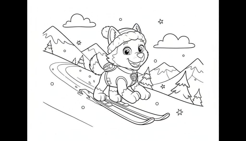 Zwart-wit kleurplaat van Paw Patrol's Everest die skiet op een besneeuwde berg, met wintermuts en ski-uitrusting, omringd door dennenbomen en wolken.