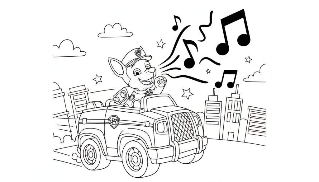 Zwart-wit kleurplaat van Paw Patrol pup Chase in zijn politievoertuig, met politiepet, lachend en een poot omhoog. Uit zijn mond komen muzieksymbolen en golvende lijnen, omringd door sterretjes. Op de achtergrond zijn gestileerde stadsgebouwen, wolken en sterren te zien.