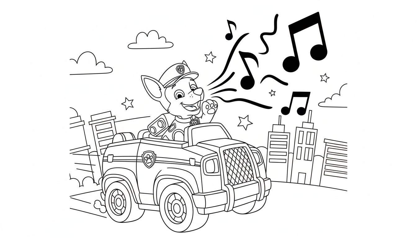 Zwart-wit kleurplaat van Paw Patrol pup Chase in zijn politievoertuig, met politiepet, lachend en een poot omhoog. Uit zijn mond komen muzieksymbolen en golvende lijnen, omringd door sterretjes. Op de achtergrond zijn gestileerde stadsgebouwen, wolken en sterren te zien.