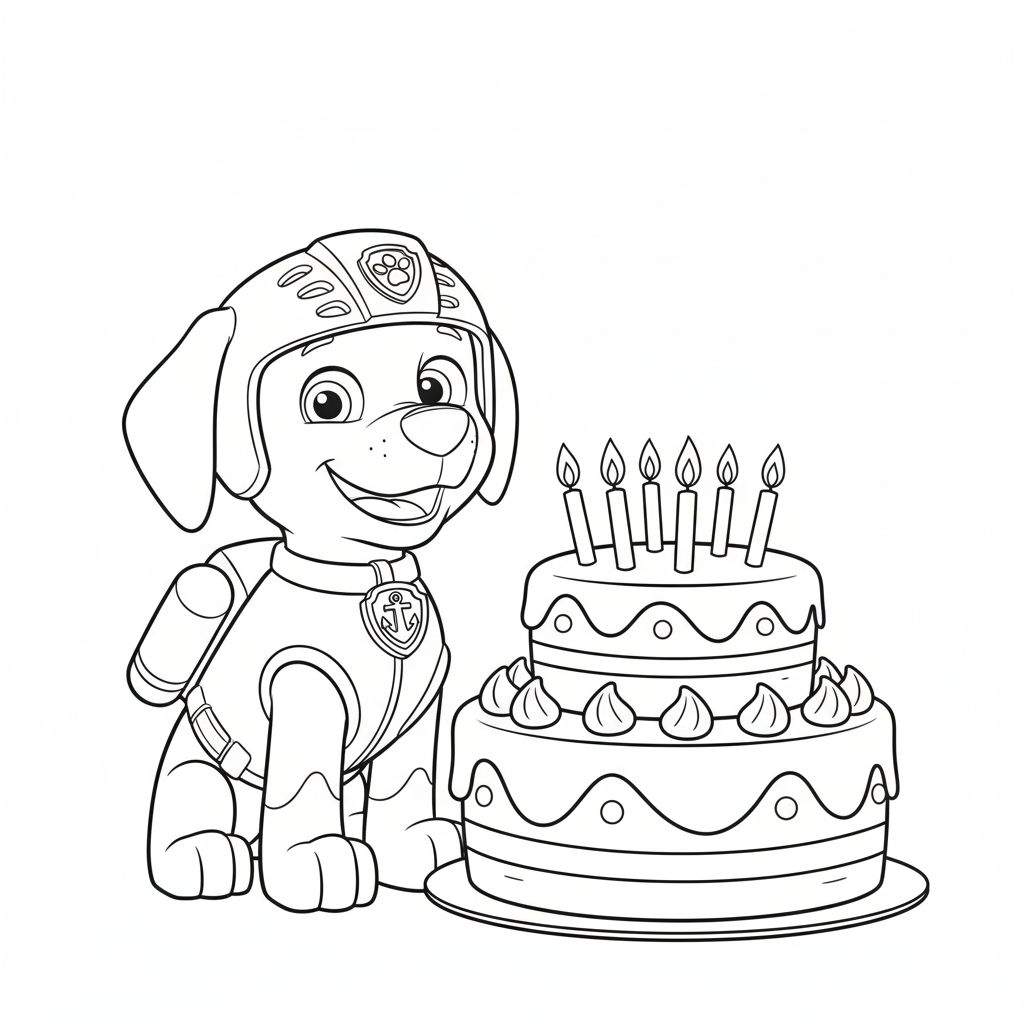 Kleurplaat van Zuma (Paw Patrol) met duikhelm en anker-badge, zittend naast een tweelaagse verjaardagstaart met zes kaarsjes.