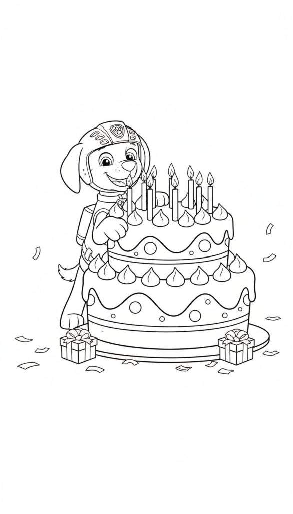 Kleurplaat van Paw Patrol hond Marshall met helm die breed lacht naast een tweelaagse verjaardagstaart met brandende kaarsjes en cadeautjes.