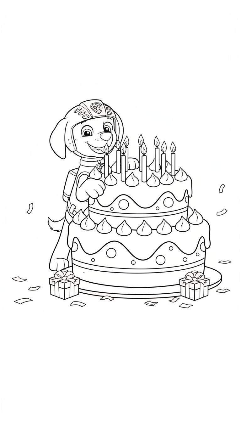 Kleurplaat van Paw Patrol hond Marshall met helm die breed lacht naast een tweelaagse verjaardagstaart met brandende kaarsjes en cadeautjes.