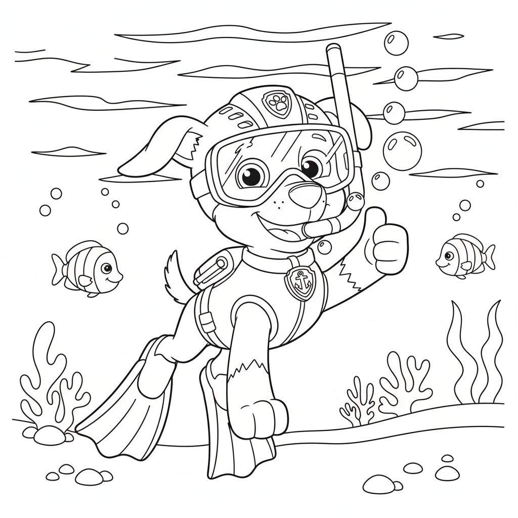 Kleurplaat van Zuma (Paw Patrol) als vrolijke duiker onder water, met snorkel, vinnen, duikbril, helm en duikpak, omringd door vissen, bubbels en koraal.
