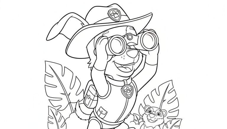 Kleurplaat van Tracker van Paw Patrol als jungle-avonturier met safarihoed en verrekijker, kijkend in de verte, omringd door tropische bladeren, met een lachende maki rechtsonder.
