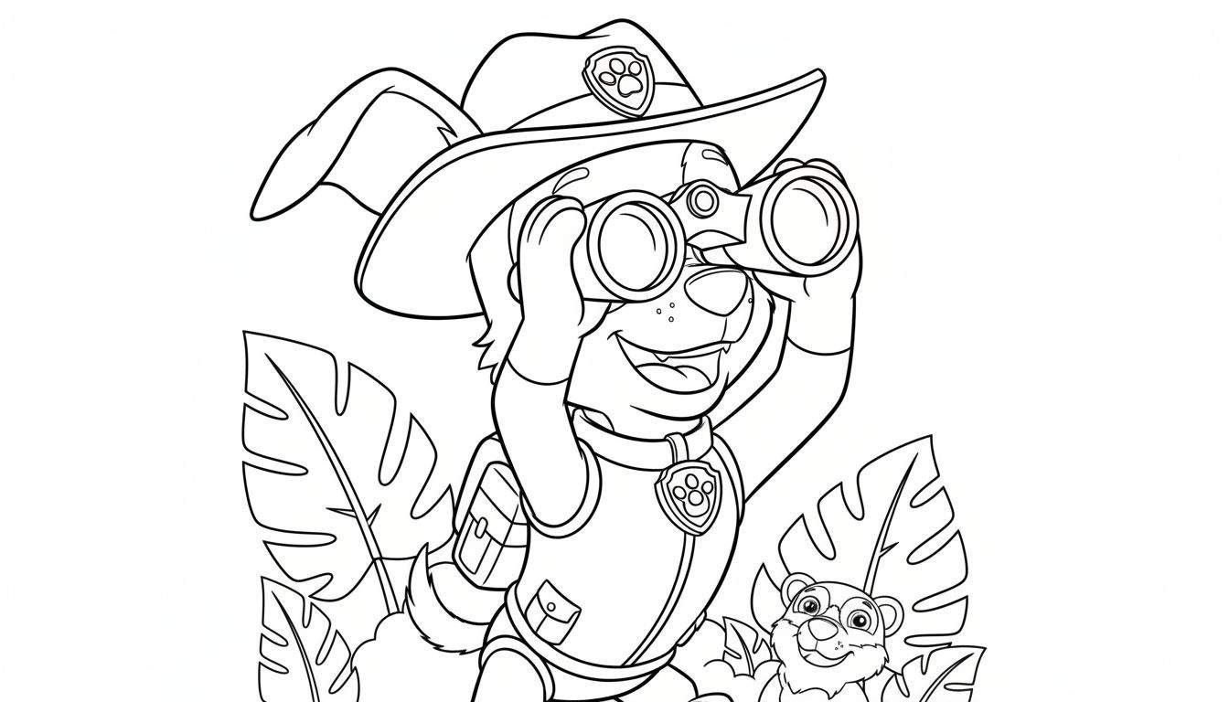 Kleurplaat van Tracker van Paw Patrol als jungle-avonturier met safarihoed en verrekijker, kijkend in de verte, omringd door tropische bladeren, met een lachende maki rechtsonder.