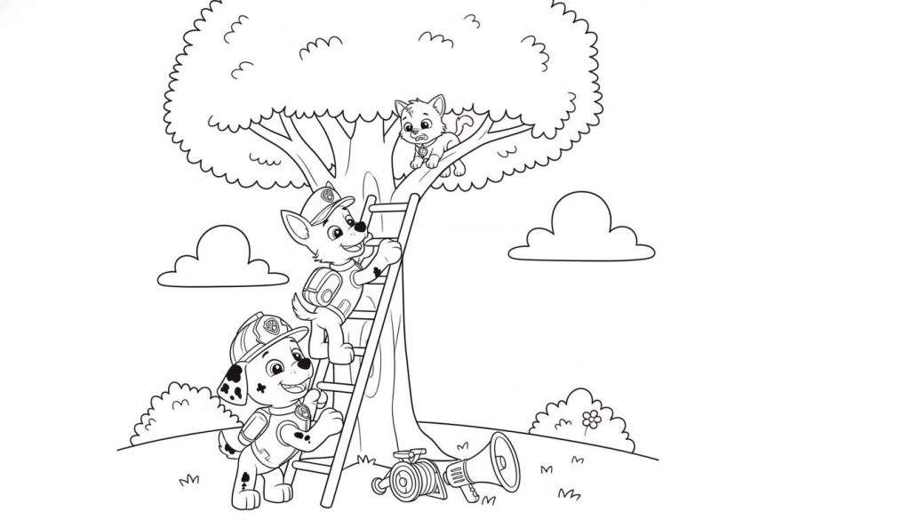 Zwart-wit Paw Patrol kleurplaat met Chase en Marshall die een angstige kat uit een boom redden met een ladder. Megaphone en brandweerslang liggen op de grond.