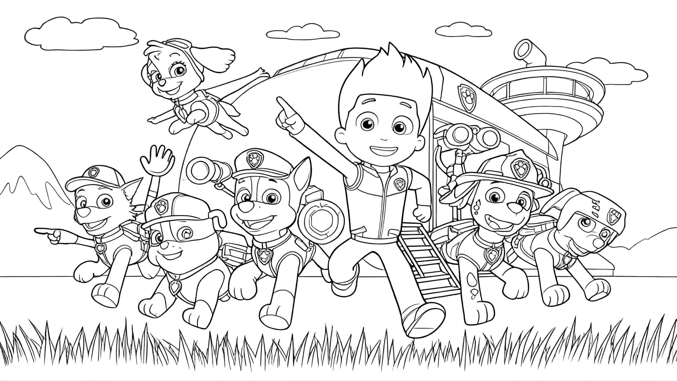 Zwart-wit kleurplaat van Paw Patrol met Ryder die naar voren rent, omringd door de zeven pups (Skye, Zuma, Rocky, Chase, Marshall, Rubble) in actie, met de Paw Patrol Uitkijktoren op de achtergrond en bergen en wolken.