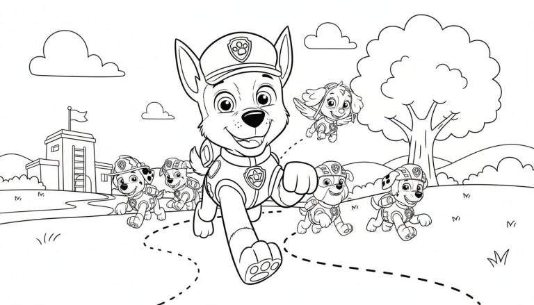 Kleurplaat van Paw Patrol met Chase die rent, gevolgd door Marshall, Rubble en Zuma. Skye vliegt erboven. Op de achtergrond een Paw Patrol hoofdkwartier, een boom en heuvels.
