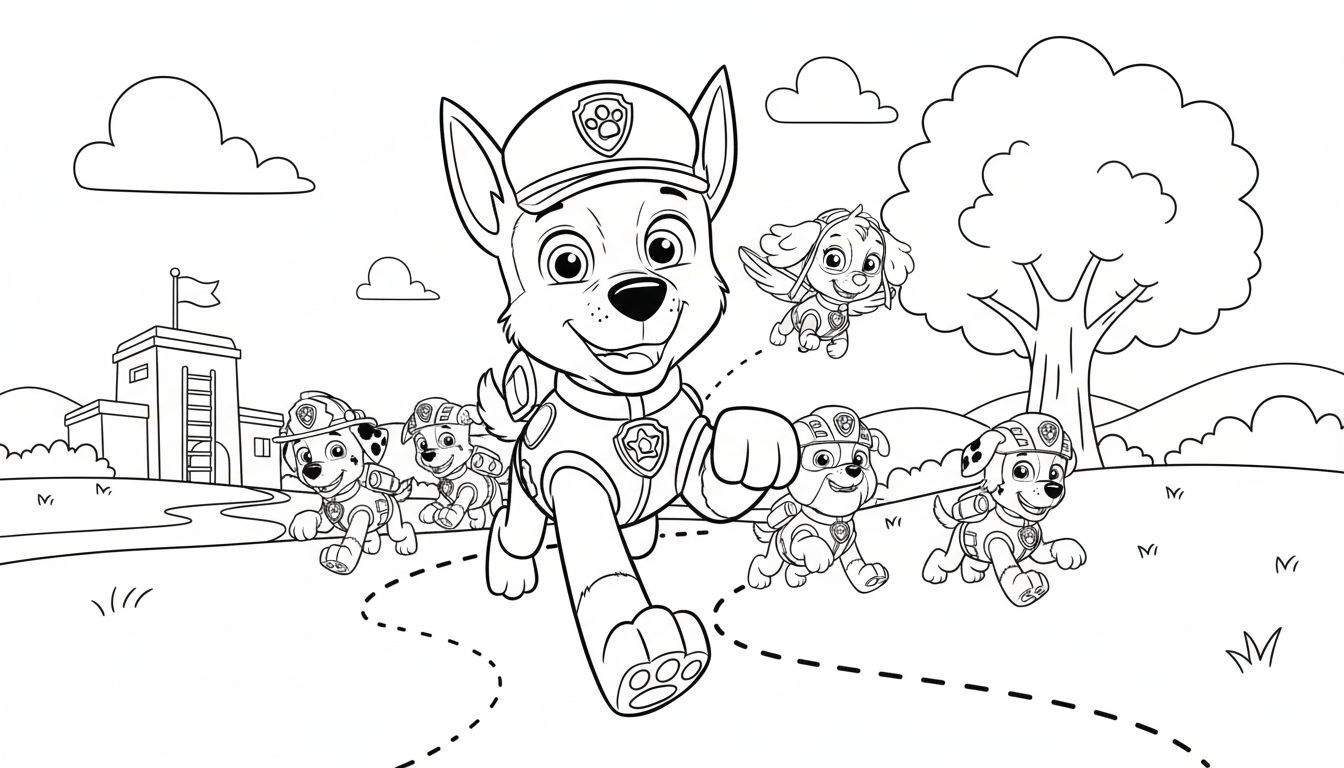 Kleurplaat van Paw Patrol met Chase die rent, gevolgd door Marshall, Rubble en Zuma. Skye vliegt erboven. Op de achtergrond een Paw Patrol hoofdkwartier, een boom en heuvels.