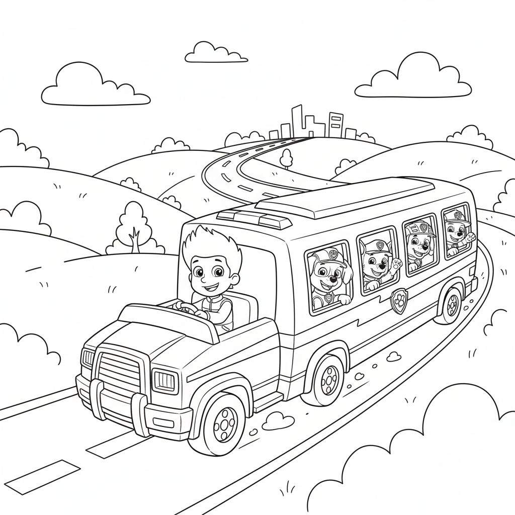 Kleurplaat: Vrolijke Ryder bestuurt een truck-bus met vier puppy's/honden in petjes die zwaaien, rijdend door heuvels richting stad.