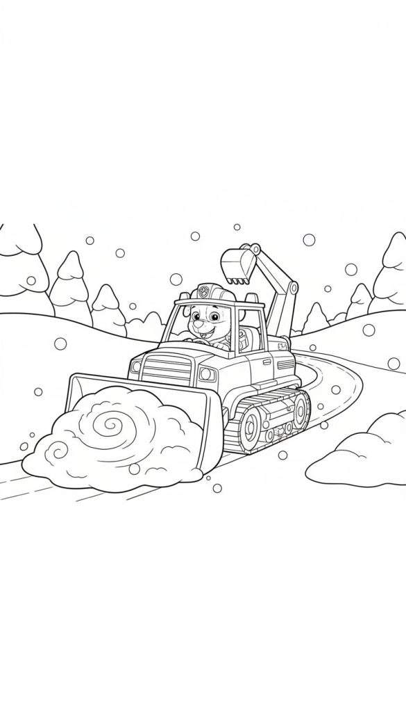 Zwart-wit kleurplaat van Paw Patrol's Rubble in een sneeuwschuiver/graafmachine met rupsbanden, sneeuw schuivend in een besneeuwd landschap met dennenbomen en sneeuwvlokken.