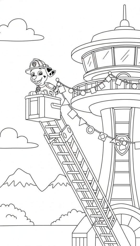 Kleurplaat van Marshall uit Paw Patrol lachend op een ladder bij een toren, met vlaggenlijn, wolken en bergen op de achtergrond.
