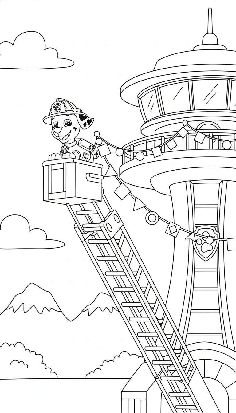 Kleurplaat van Marshall uit Paw Patrol lachend op een ladder bij een toren, met vlaggenlijn, wolken en bergen op de achtergrond.