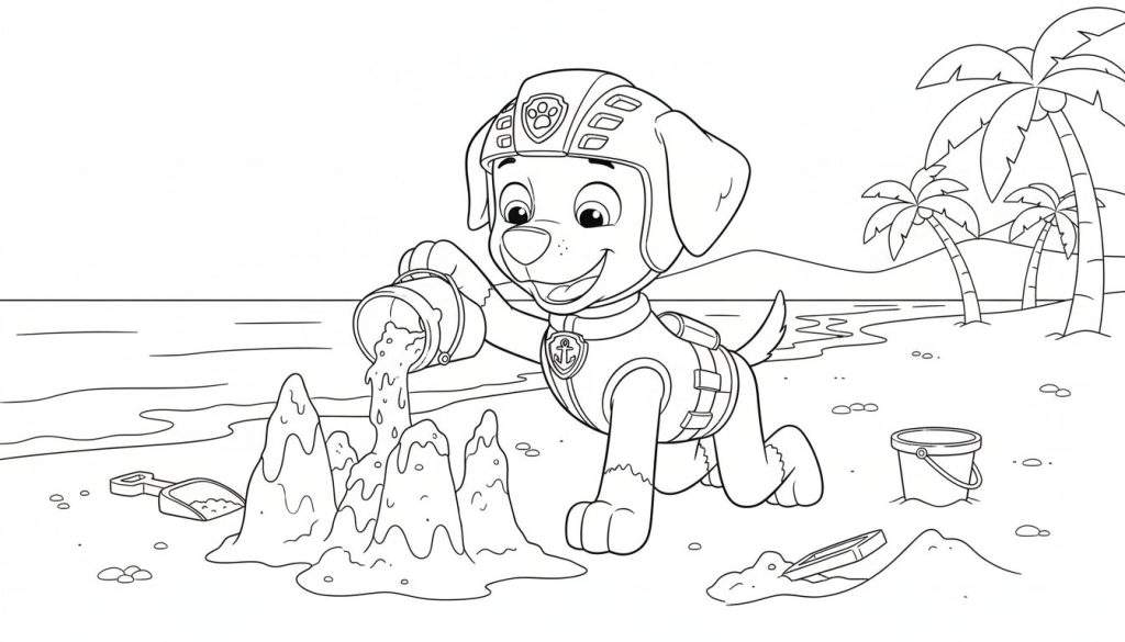 Kleurplaat van Zuma de hond, vrolijk zandkastelen bouwende op het strand met emmer en schep, omringd door palmbomen en de zee.