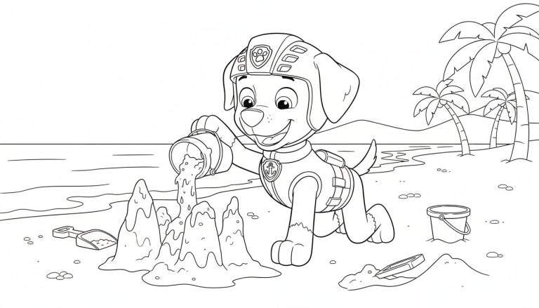 Kleurplaat van Zuma de hond, vrolijk zandkastelen bouwende op het strand met emmer en schep, omringd door palmbomen en de zee.