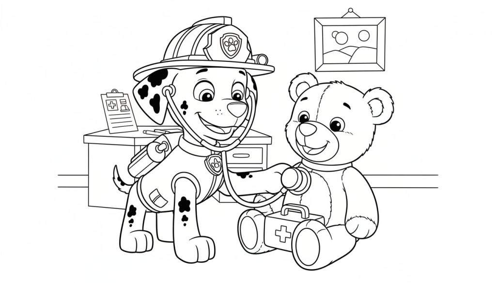 Zwart-wit kleurplaat van Marshall van Paw Patrol als brandweerman/dokter die glimlachend een teddybeer onderzoekt met een stethoscoop. Een dokterskoffertje, een bureau met klembord en een landschapsschilderij zijn zichtbaar op de achtergrond.