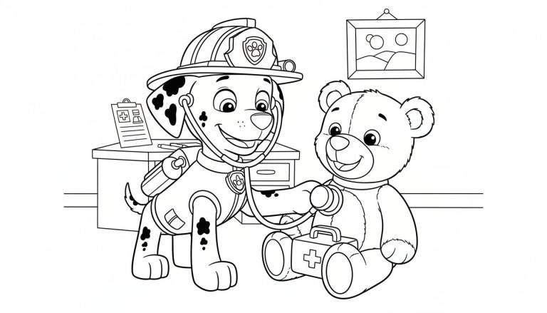 Zwart-wit kleurplaat van Marshall van Paw Patrol als brandweerman/dokter die glimlachend een teddybeer onderzoekt met een stethoscoop. Een dokterskoffertje, een bureau met klembord en een landschapsschilderij zijn zichtbaar op de achtergrond.