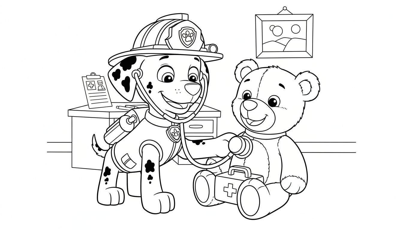 Zwart-wit kleurplaat van Marshall van Paw Patrol als brandweerman/dokter die glimlachend een teddybeer onderzoekt met een stethoscoop. Een dokterskoffertje, een bureau met klembord en een landschapsschilderij zijn zichtbaar op de achtergrond.