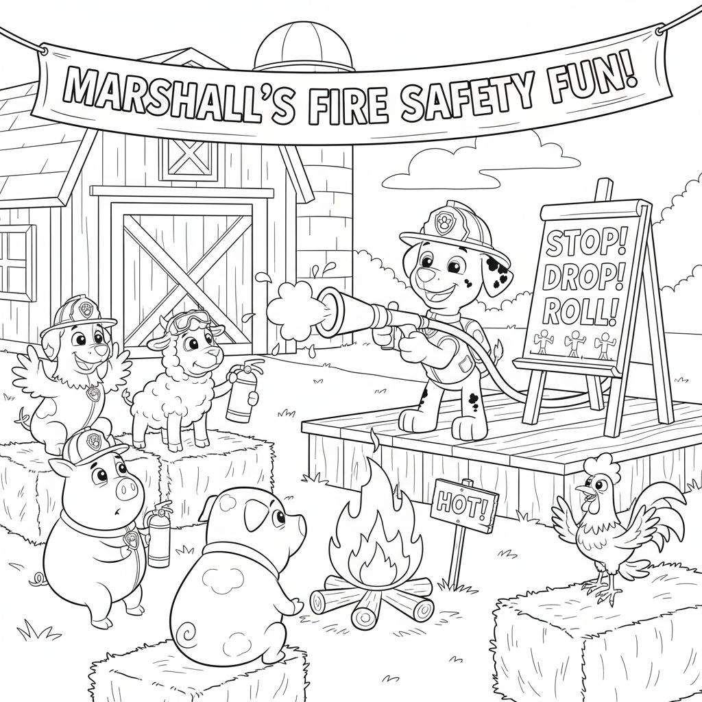 Kleurplaat van Marshall van Paw Patrol als brandweerhond met slang, die brandveiligheid uitlegt aan boerderijdieren (kuiken, schaap, varkens, haan) met helmen bij een kampvuur, voor een boerenschuur. Een bord toont 'STOP! DROP! ROLL!'.
