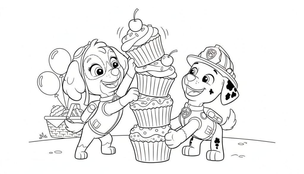 Zwart-wit kleurplaat van Paw Patrol pups Skye en Marshall met stapel cupcakes, ballonnen en een mand met lekkernijen. Skye draagt haar vliegersbril, Marshall zijn brandweerhelm.